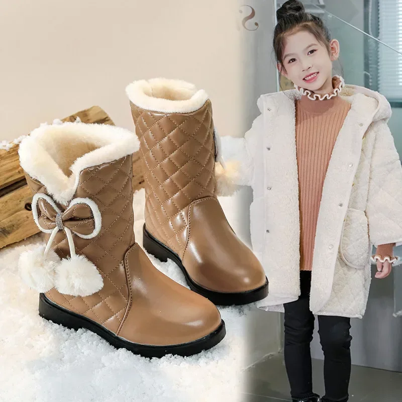 Girls Warm Boots with Bow 2025 Winter New Kids Snow Boots with Fur Plush  Fashion Children Princess Boots Waterproof Platform