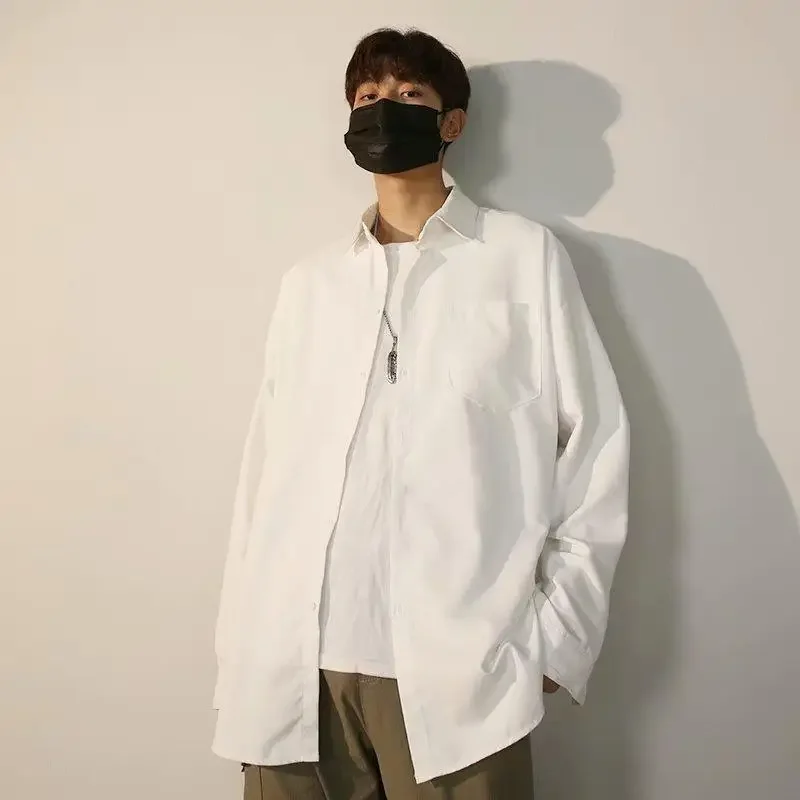한국 스타일 용수철 남성 셔츠, 홍콩 스타일 상의, 긴팔, 단색, 트렌디, 캐주얼, 루즈핏, 여름