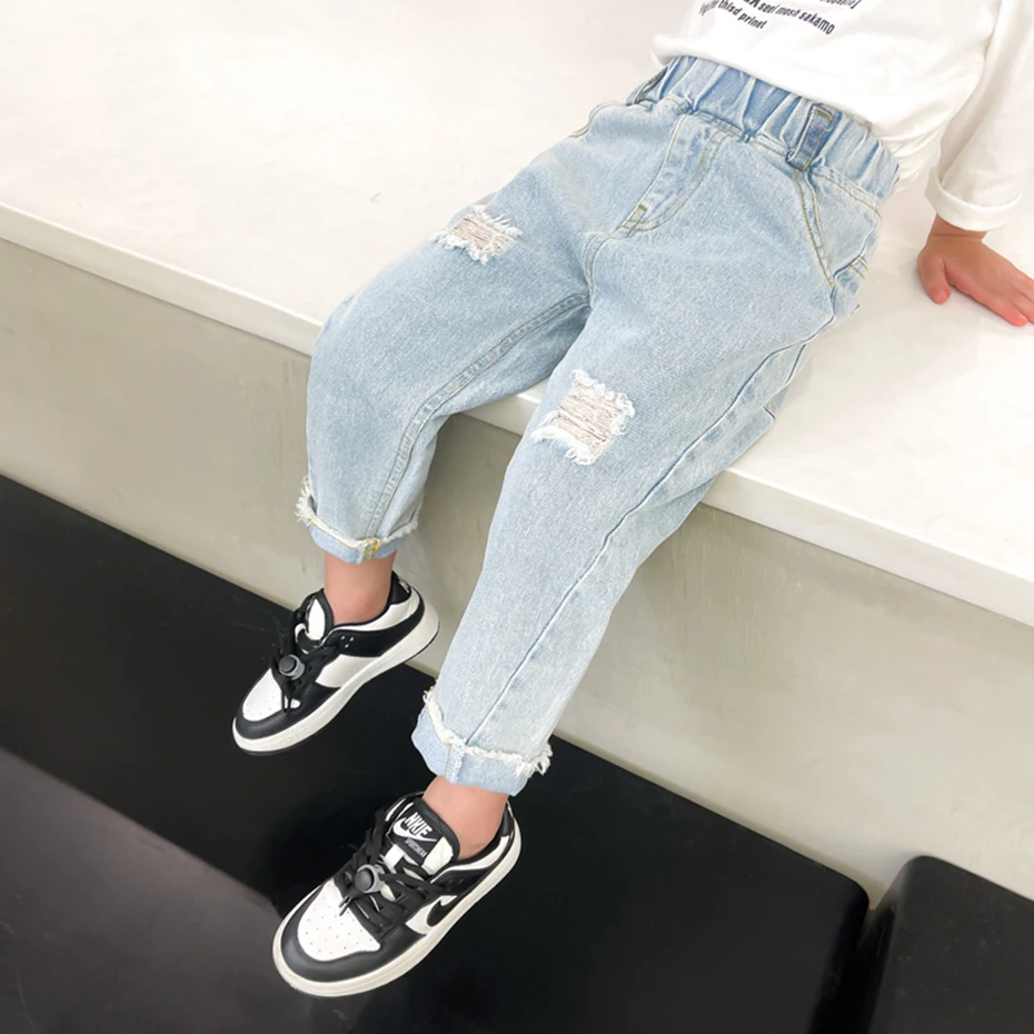 Girls Fashion Broken Hole Jeans Girls Spring Autumn Elastic Waist Casual Loose  Jeans Kids Letter Printed Jeans 3-14 Y - AliExpress