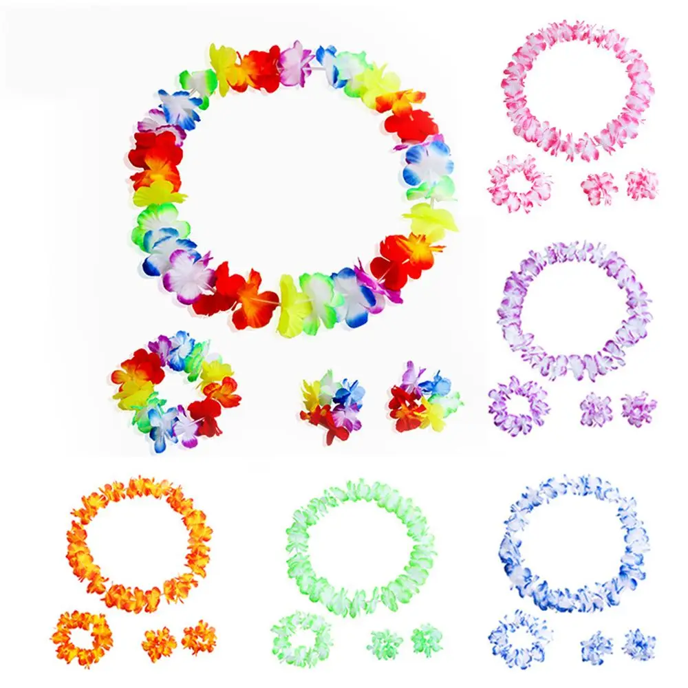 Hawaiian Party Supplies 4pcs/set Hawaiian Flower Lei Hula Necklace Garland Headband Wristbands Wedding Decorations Beach Tropical Party Supplies