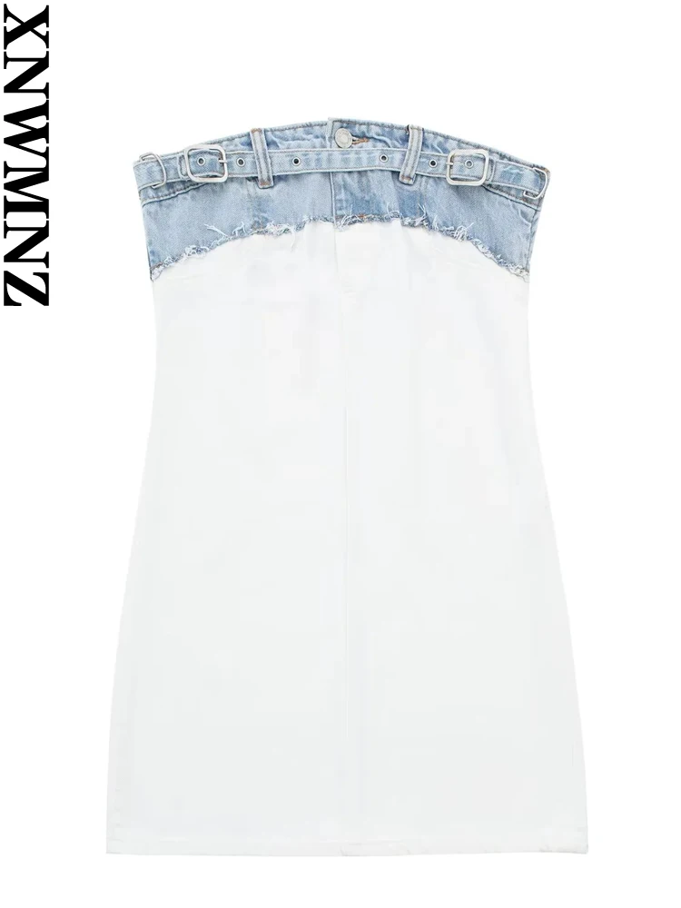 

XNWMNZ 2023 Women's Fashion Patchwork Strapless Denim Mini dress High Street Off Shoulder Versatile Female Chic Dresses