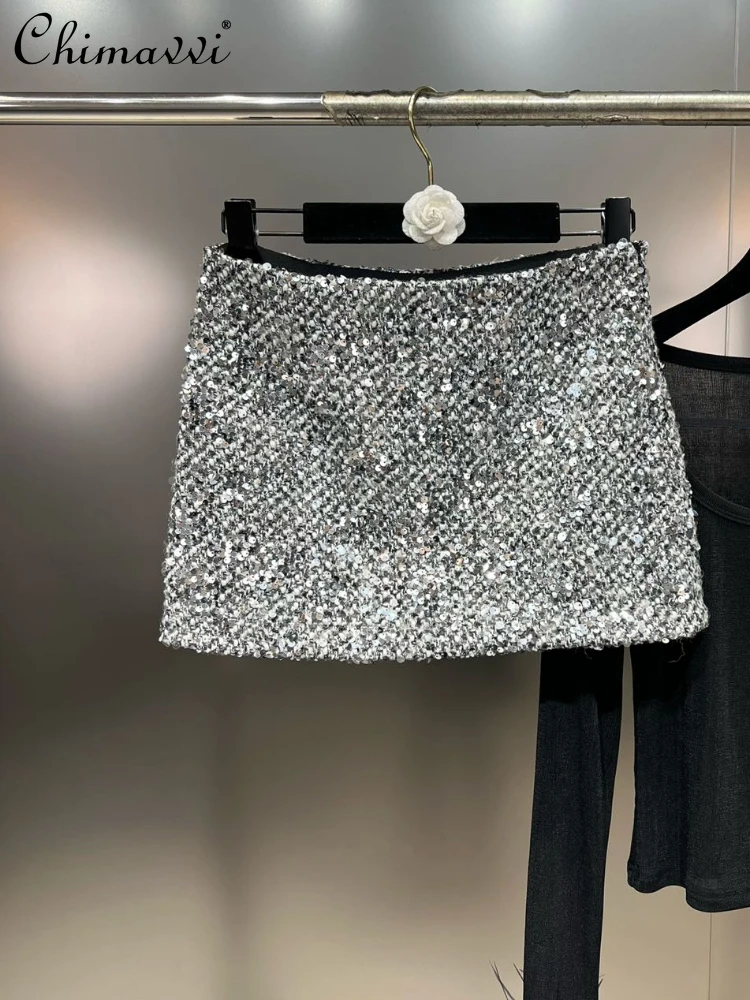 Sexy Hot Girl High Waist Slim Fit Women's Silver Skirt Spring Summer Fashion Woolen Sequined Heavy Industry All-Match Skirts