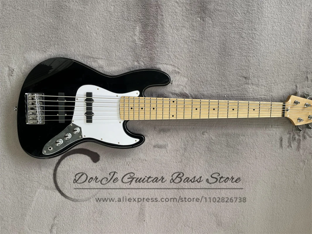 

6 String Black Bass Guitar Jaz Body Maple fingerboard White pickup guard fixed bridge support custom colors