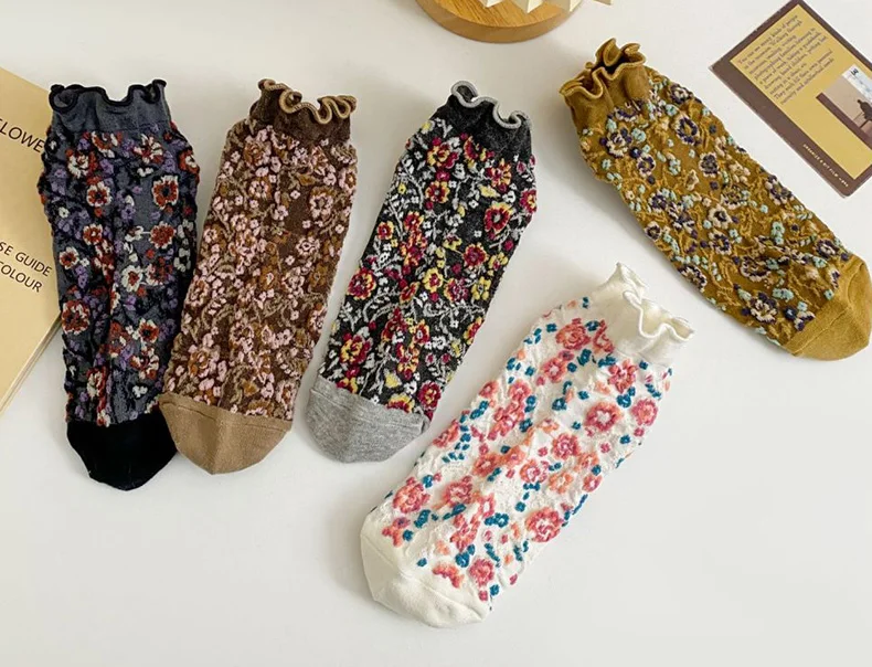 5 Paar Rüschensocken mit Rüschen für Damen, Harajuku, Blumendruck, japanische Mode, Lolita-Stil, kurze Socken für Mädchen, Pack Calcetines – Detail 4