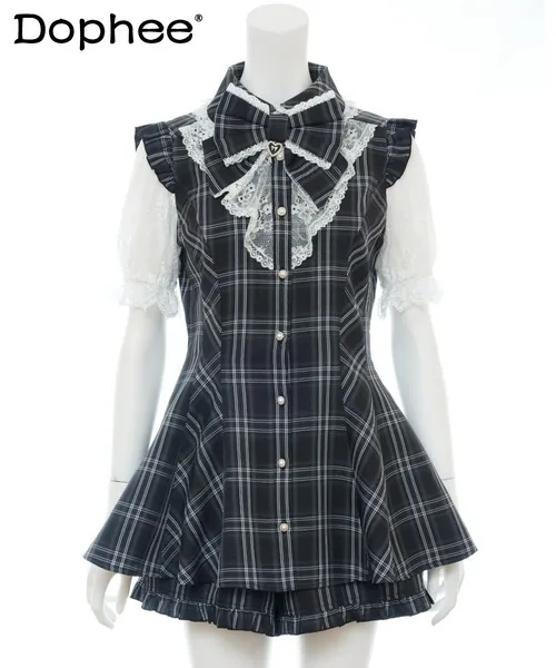 

Japanese Style Mine Bowknot Plaid Short Sleeve Lace Shirt Sweet Blouse + Shorts Two-Piece Sets Women Rojita Culottes Outfits