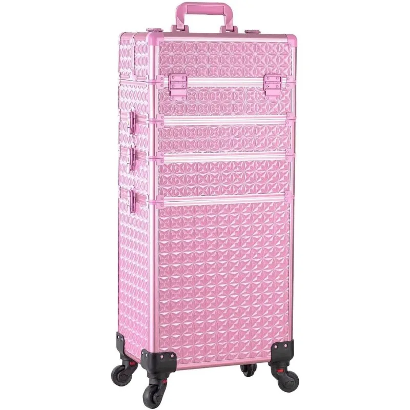 

5 in 1 Professional Makeup Train Case Aluminum Cosmetic Case Rolling Makeup Case Extra Large Trolley Makeup Travel Organizer