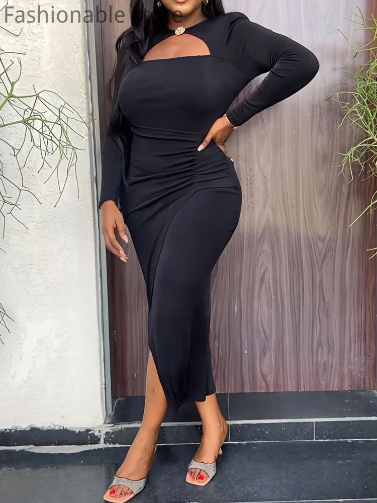 

Women Sexy Hollow Ruched Long Sleeve Split Solid Color Slim Party Dress