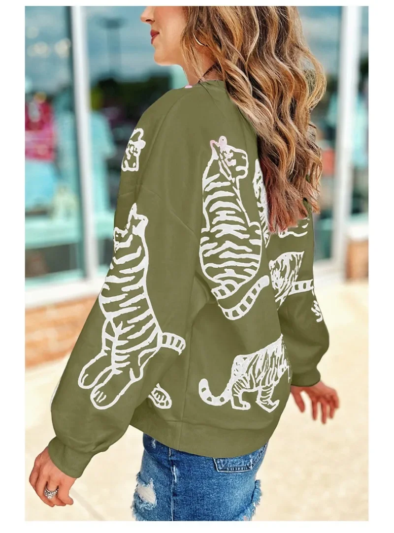 2024 New Women's Pink Tiger Print Pullover O Neck Sweatshirts Loose Casual Tops Indie Spring Autumn Fashion Pullovers NASY0008