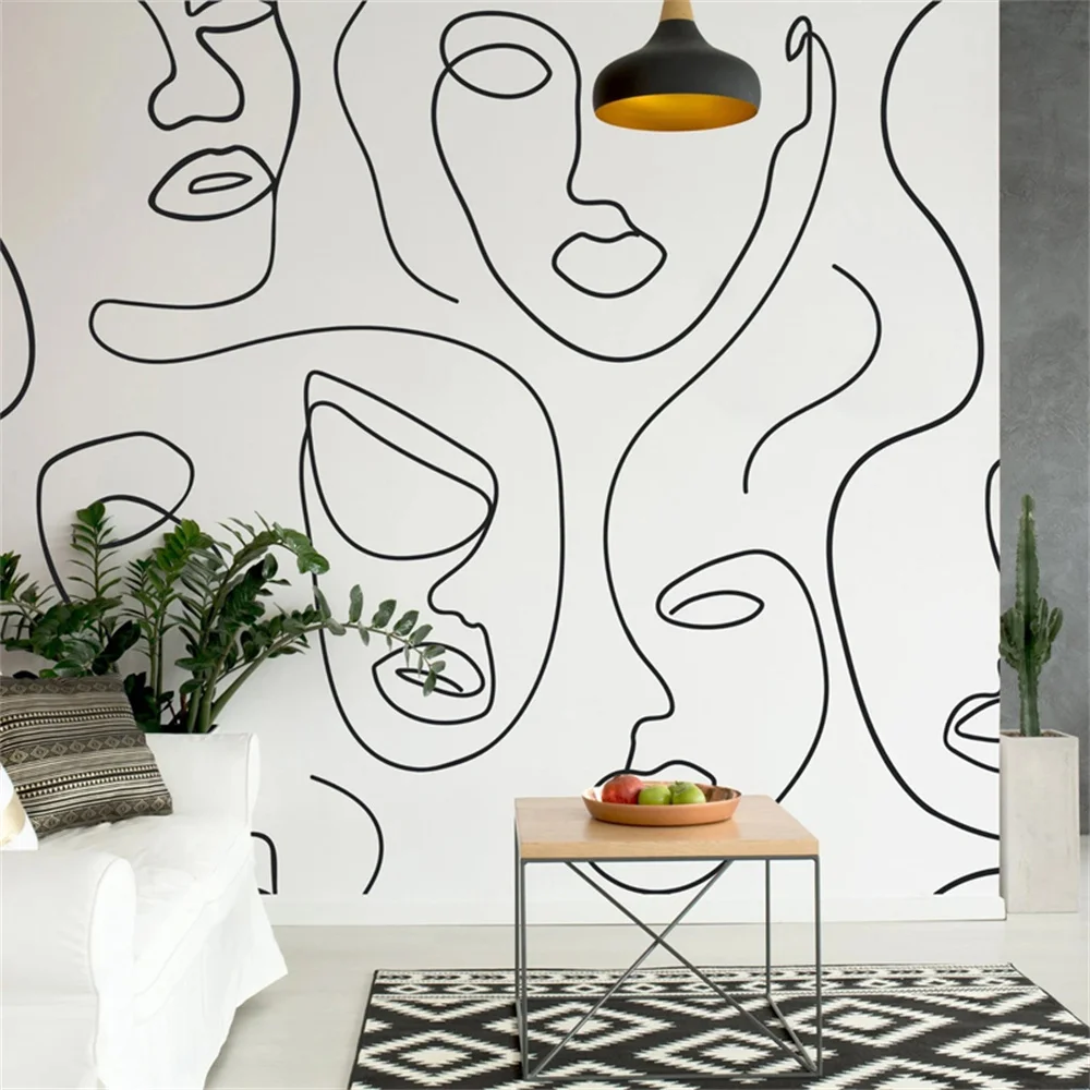 Custom European Black and White Abstract Face Line Art Wallpaper living room Mural Bathroom Backdrop 3d Wall Paper home decor photo backdrop support system 600x300 cm black