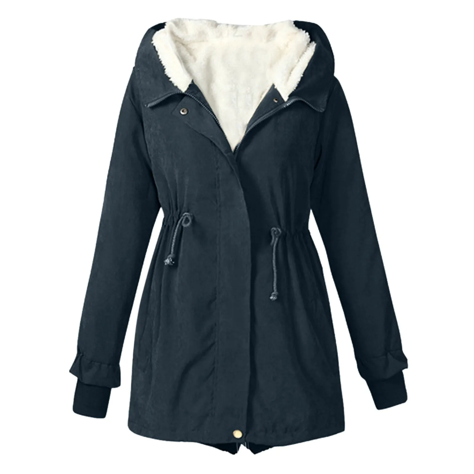 

Womens Fleece Jacket Coat Winter Warm Long Parkas Solid Color Hooded Zipper Coat With Pockets Windbreaker Outerwear Overcoat
