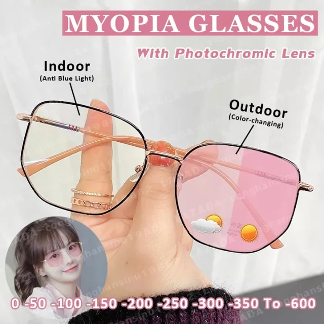 Photochromic Myopia Glasses Women Men Vintage Metal Frame Anti Blue Light Discolored  Sunglasses UV400 Shades Eyewear 0 To-600 - AliExpress