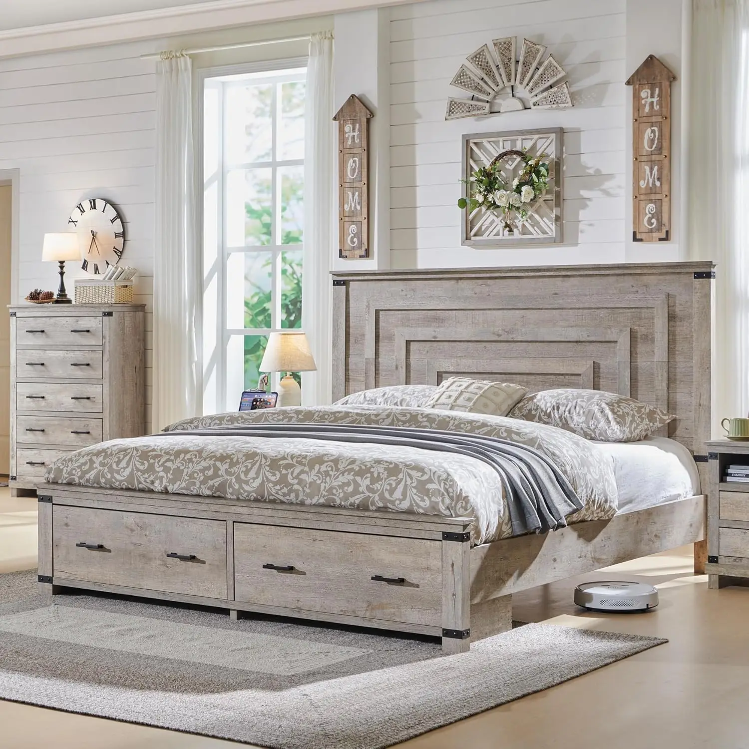 Farmhouse King Size Bed Frame with 54" Tall Geometric Headboard & 2 Large Storage Drawers, Rustic Wood Platform Bed 3