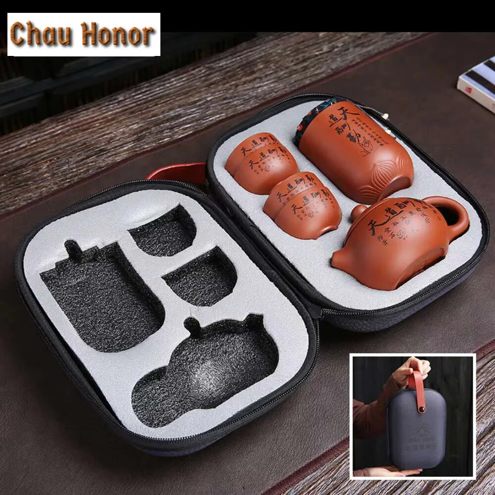 Portable Tea Set Teapot Handmade Purple Clay Tea Pot 4 Cups Set Zisha Ceramic Chinese Zisha Kungfu Cha Pottery Teapot Travel Kit