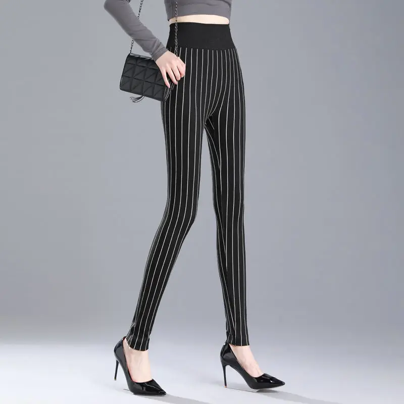 Women's Autumn and Winter New Fashion Elegant High Waist Striped Underpants Casual Versatile Western Commuter Comfortable Pants