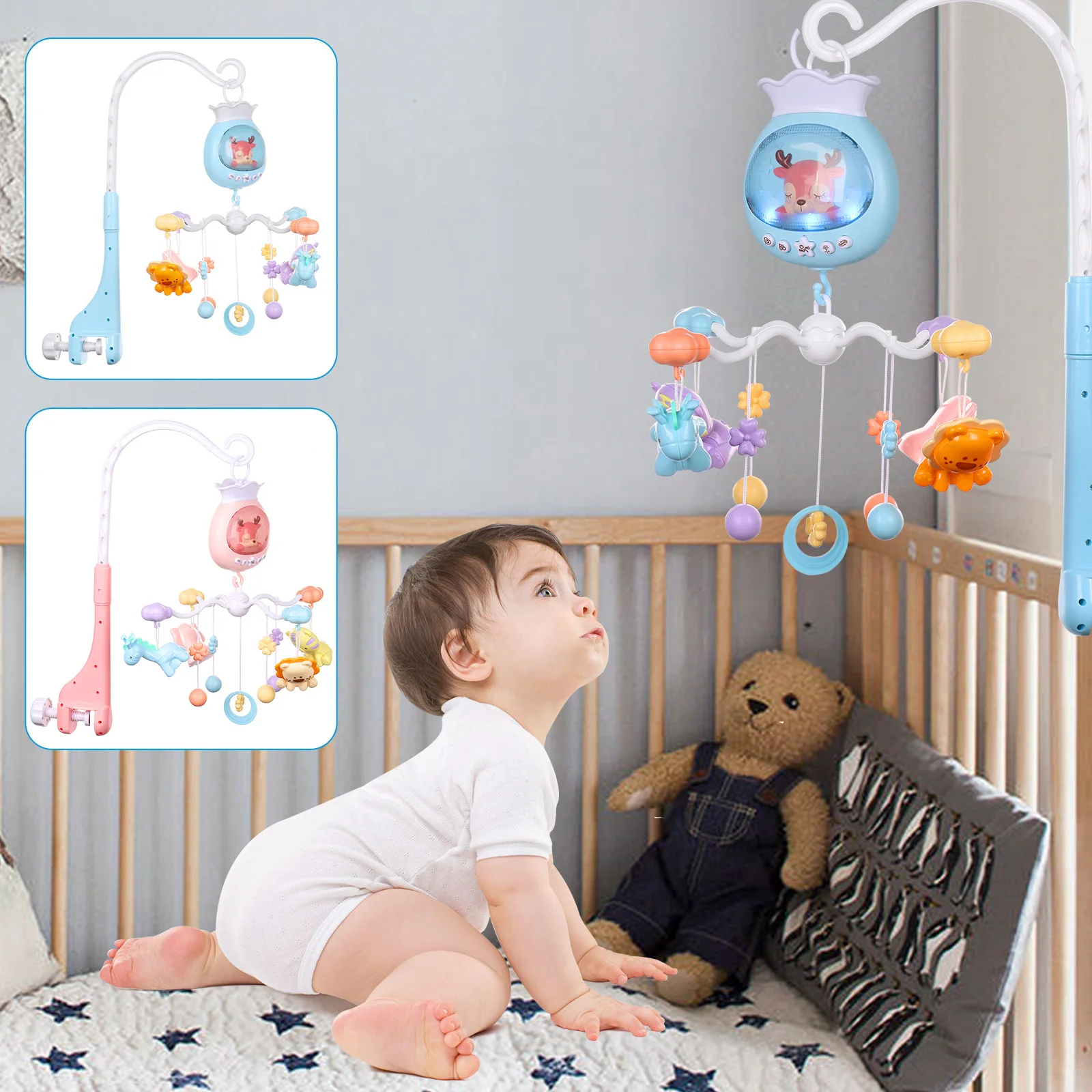

Новый мобиль для детской кроватки с музыкой и оформлением, вращение на 360 °, музыкальный мобиль для детской кроватки, милая детская Мобильная игрушка, подвесные вращающиеся животные