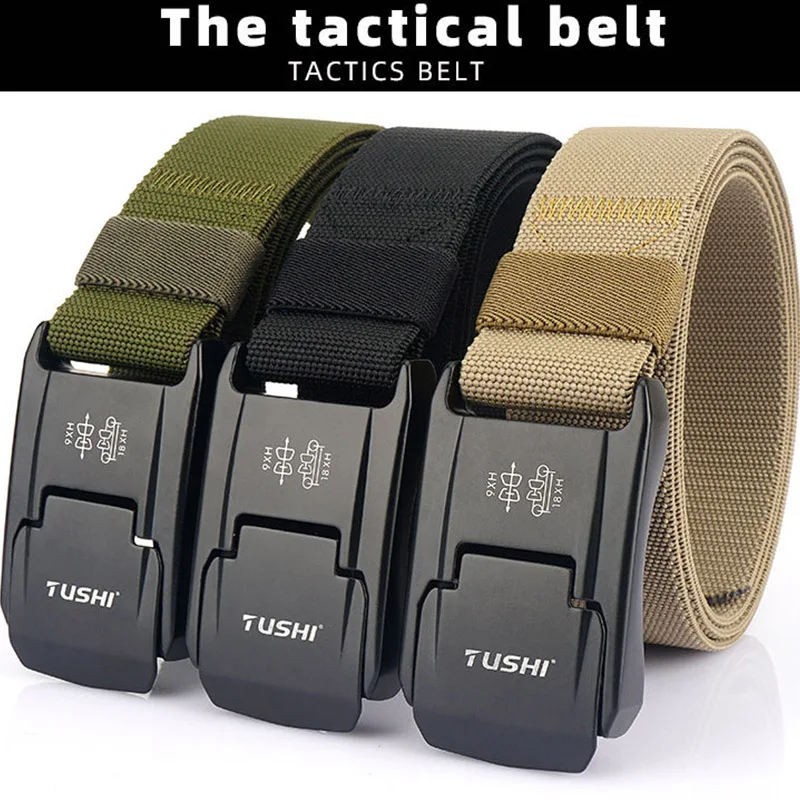 2024 New Aluminum Alloy Tactical Nylon Belt For Casual Men's Workwear With Luxurious Waistband Design And Elastic Woven Belt 2024 new 3 2cm narrow needle button quick drying nylon belt for men and women latest design jeans khaki accessories belt