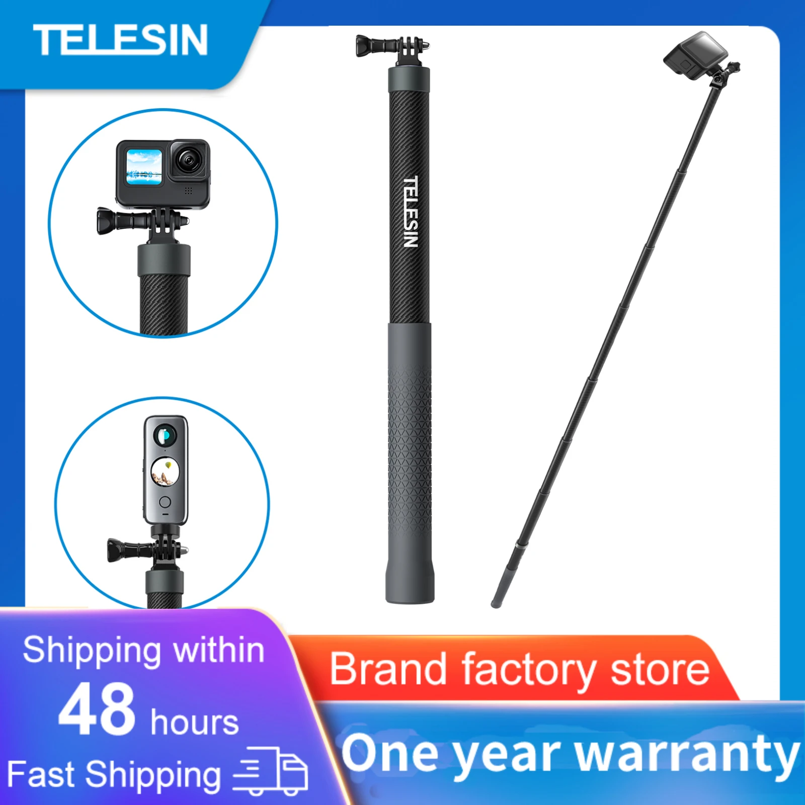 TELESIN 1.2M 3M Carbon Fiber Selfie Stick Monopod Extendable With 1/4