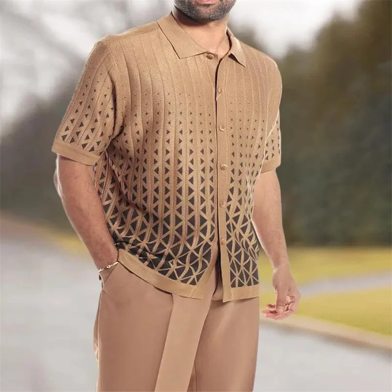 2023 men's short-sleeved shirt+suit pants two-piece street outdoor casual printing V-neck single-breasted shirt walking suit 4XL