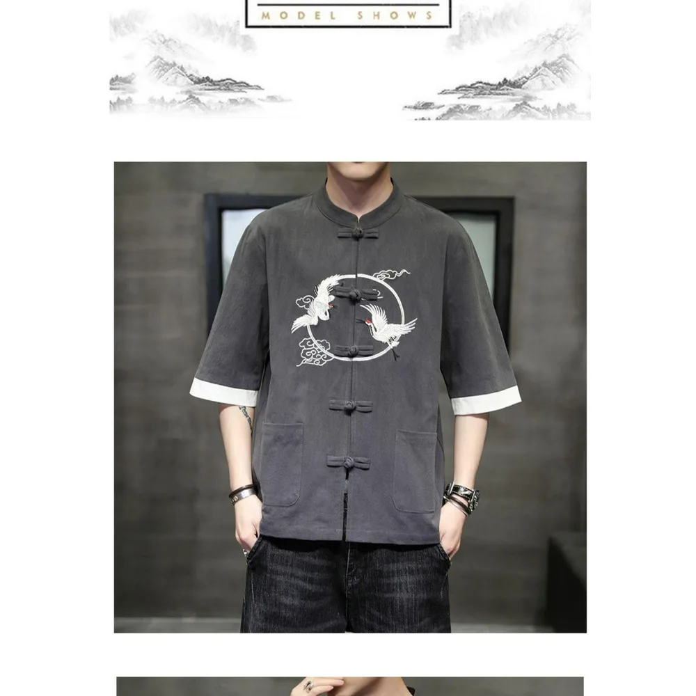 2024 Summer Chinese cotton linen short sleeved men's Tang embroidery Han style loose China-Chic shirt men_autovado.com
