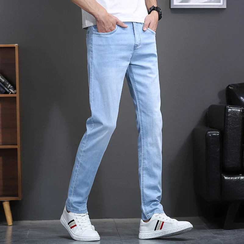 OUSSYU Classic Style Brand Light blue Jeans Men Casual Stretch Slim Denim Pants Fashion Cotton Thin Trousers Male 28-40 2