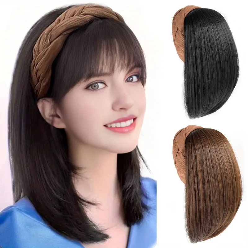 Synthetic medium headband hat wig two in one Off white coffee Fried Dough Twists braid hairband wig Women's hair extensions wig