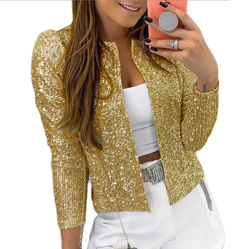 2024 Spring New European American Women's Fashion Stand Collar Solid Color Sequin Jacket Cropped Casual Versatile Small Jacket - Image 3