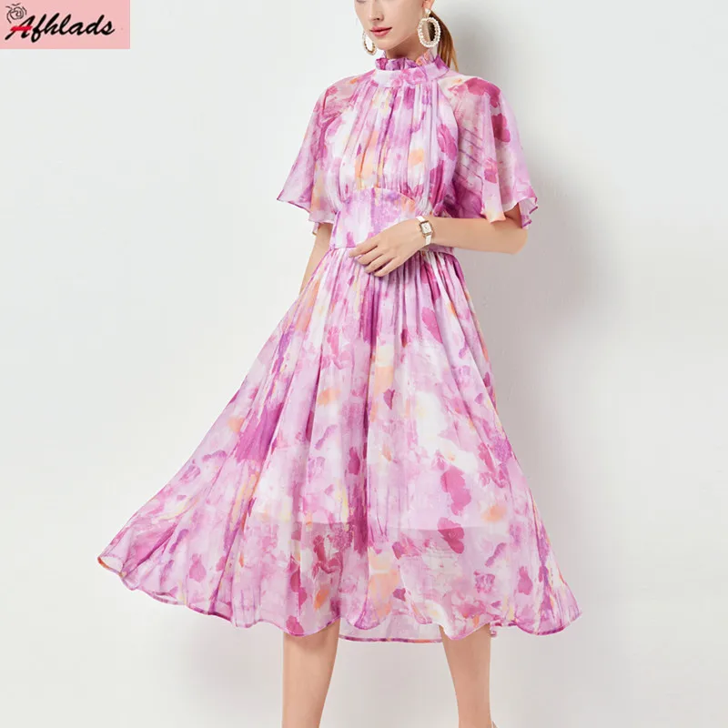 

Summer New Lace-Up Holiday Chiffon Stand Color Short Sleeve Print Maxi Dress Elastic High Waist Elegant Beach Women's Wear