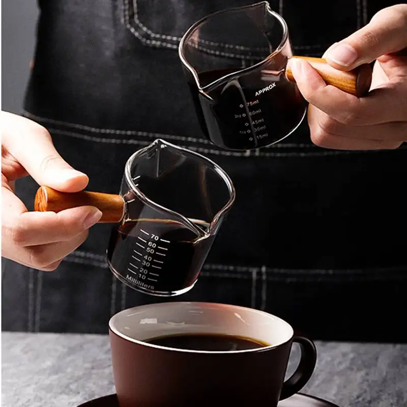 Wood Handle Glass Espresso Measuring Cup Double Single Mouth Milk Jug Heat-resisting Coffee Shot Glass Scale Measure Mugs measuring cup coffee extraction cup