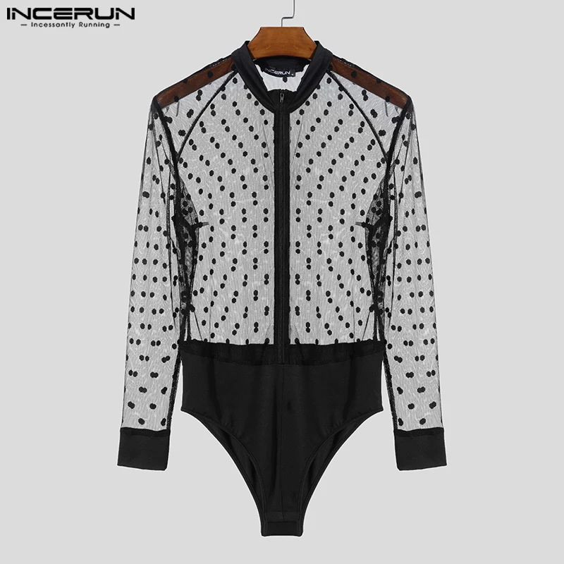 American Style Sexy Rompers Mens Stylish Homewear Jumpsuits Spliced Polka Dot See-through Mesh Thin Bodysuits S-3XL