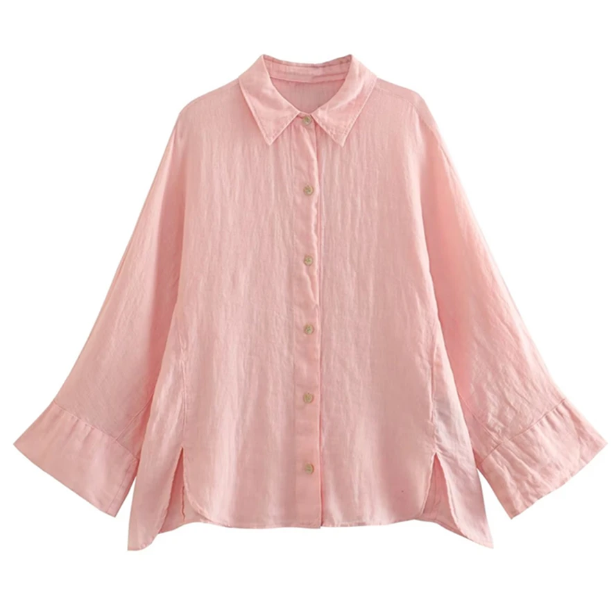 

Withered Fashion Ladies Japanese Simple Linen Shirt Flare Sleeve Loose Pink Blouse Women Casual Top