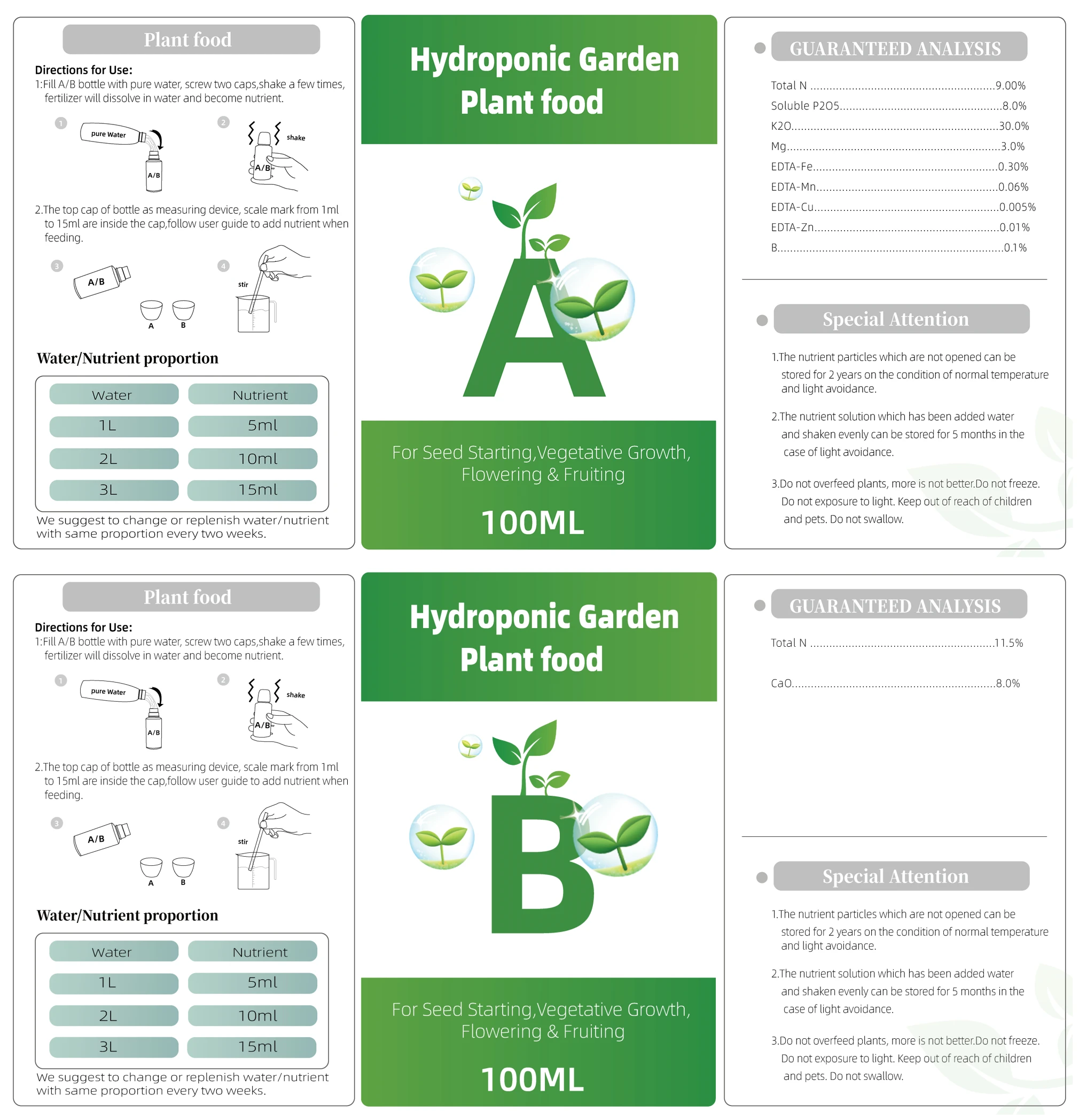 2PCS/Box General Hydroponic Nutrient Liquid A and B Fertilizer Solution Kit for Growing Plant Flowers Food Vegetable Fruit