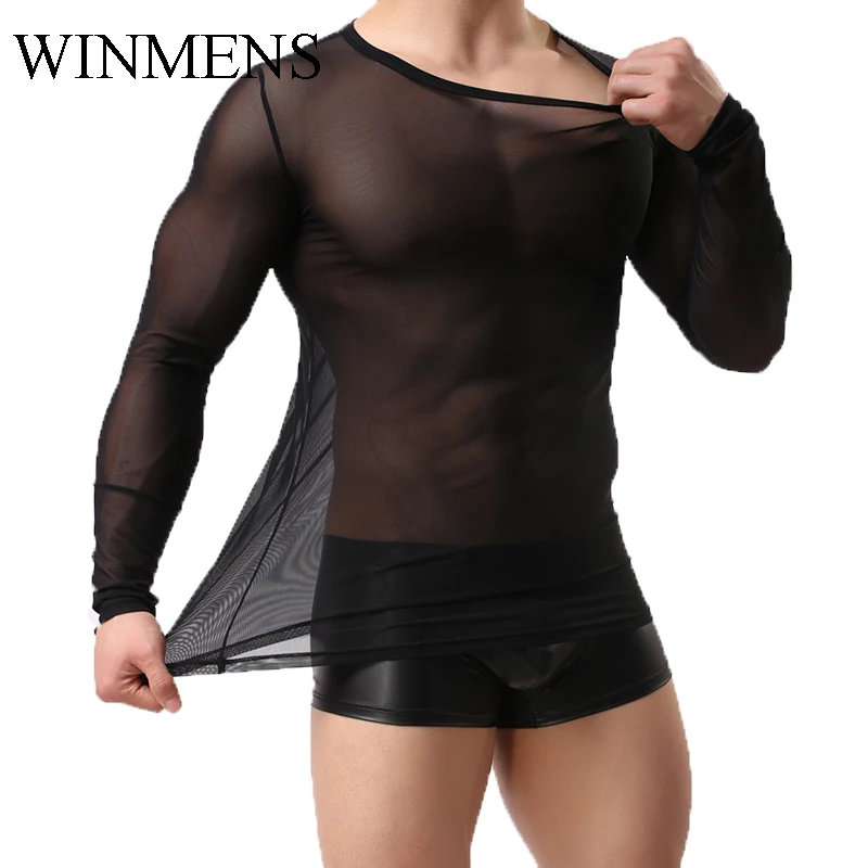 Stretch Undershirts Transparent Mesh Ultra Thin Men's Long Sleeve Shirts O-neck See Through Gay Sexy Underwear Spandex Indoor