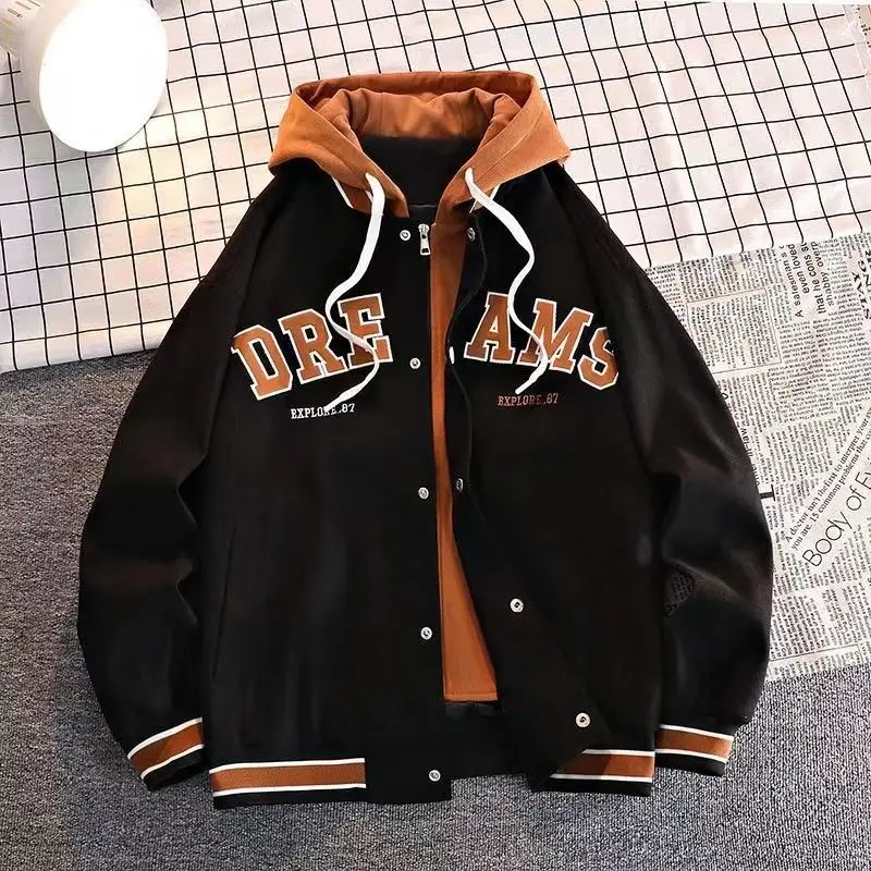 American Hiphop Baseball Suit, Fake Two-piece Fashion, Versatile Hooded Sweatshirt, Same Velvet Thermal Coat for Men and Women