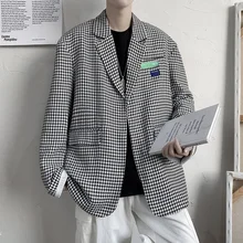 

Spring Plaid Blazer Men Fashion Society Mens Dress Jacket Korean Loose Casual Suit Jacket Mens Office Formal Blazer M-2XL