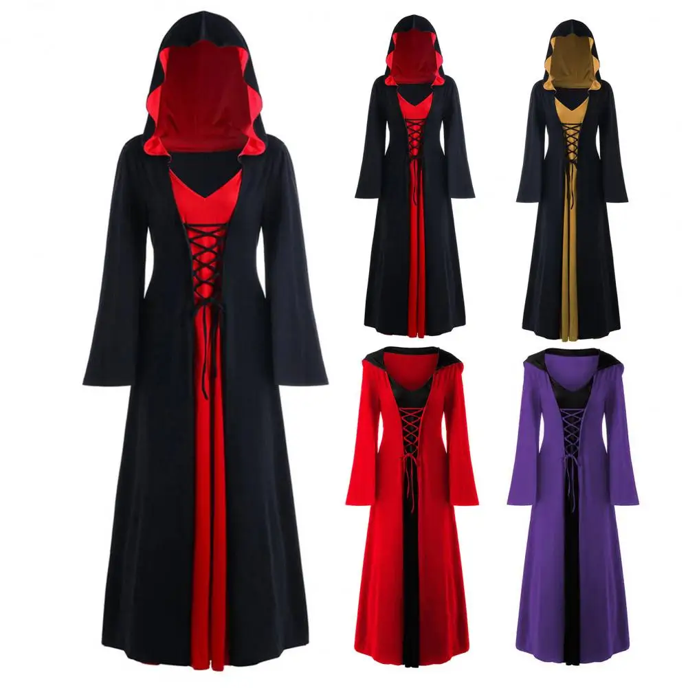 

Women Halloween Dress Dark Style Halloween Witch Costume with Lace-up Strap Hood Long Horn Sleeves Women's Cosplay for A-line