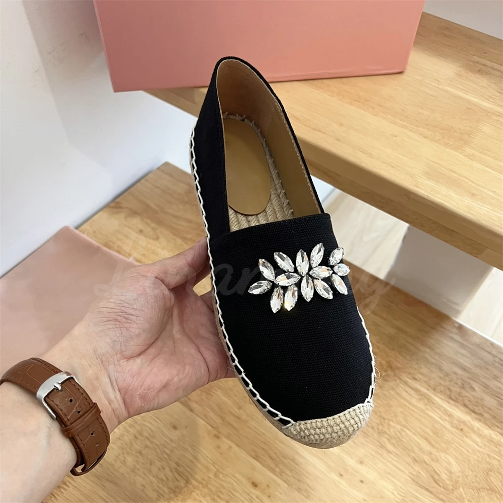 

Black Canvas Rhinestone Espadrilles Luxury Designer Flats Bling Bling Crystal Embellished Raffia Heel Shoes Custom Colors Women