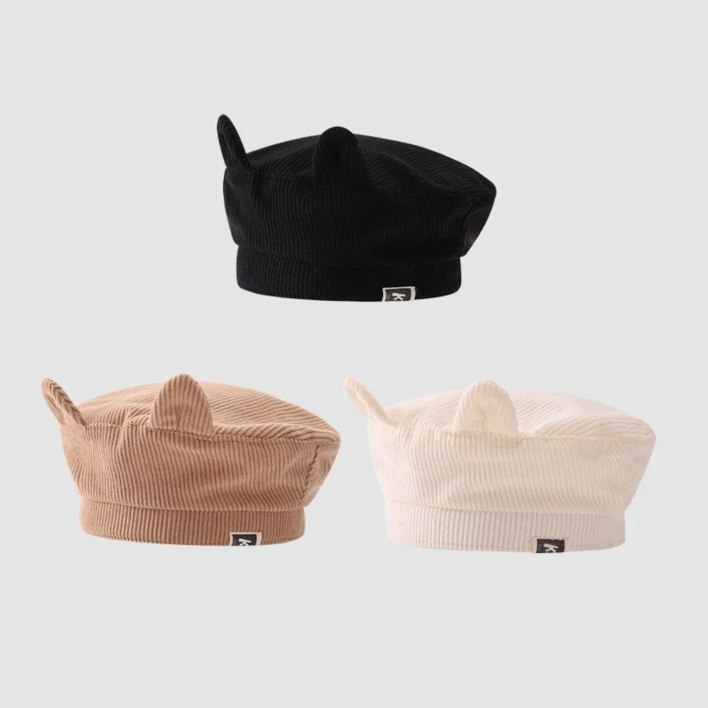 Lovely Cute Baby Corduroy Beret Flat Top Korean Cat Ear Beret Boy Girl Sweet Duck Tongue Cap Toddler