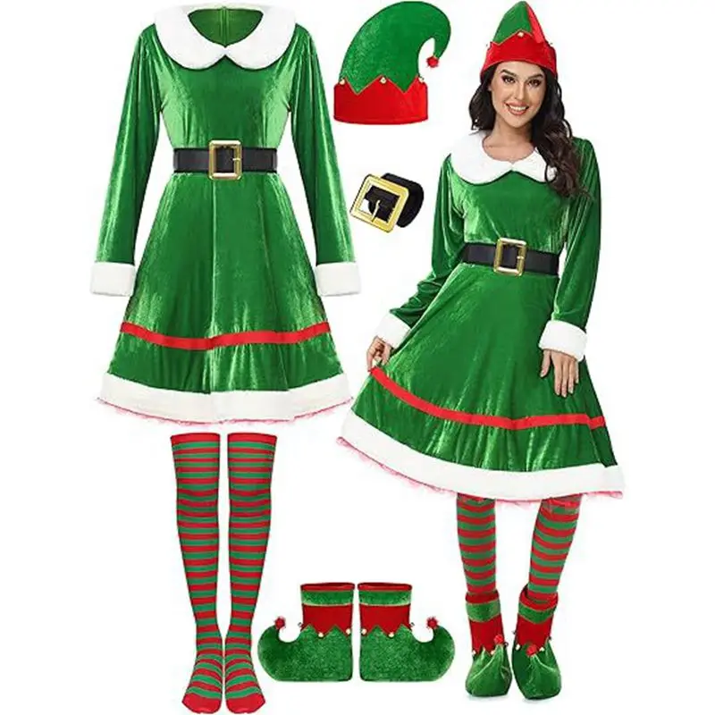 Elf Costume Outfits Set with Striped Tights and Accessories 5 Piece Set Women Role Playing Themed Parties and Holiday Dress Up