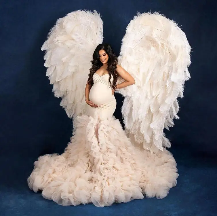 

Extra Fluffy Mermaid Tulle Maternity Dress Custom Made Strapless Ruffles Side Slit Bridal Long Pregnancy Gowns Photo Shoot