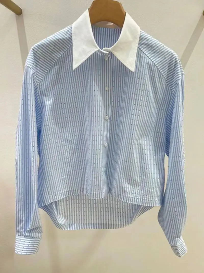 

Women Blue Blouse Rhinestone Strips Turn-Down Collar Long Sleeve Single Breasted Irregular Hem Ladies Casual Spring 2024 Shirt