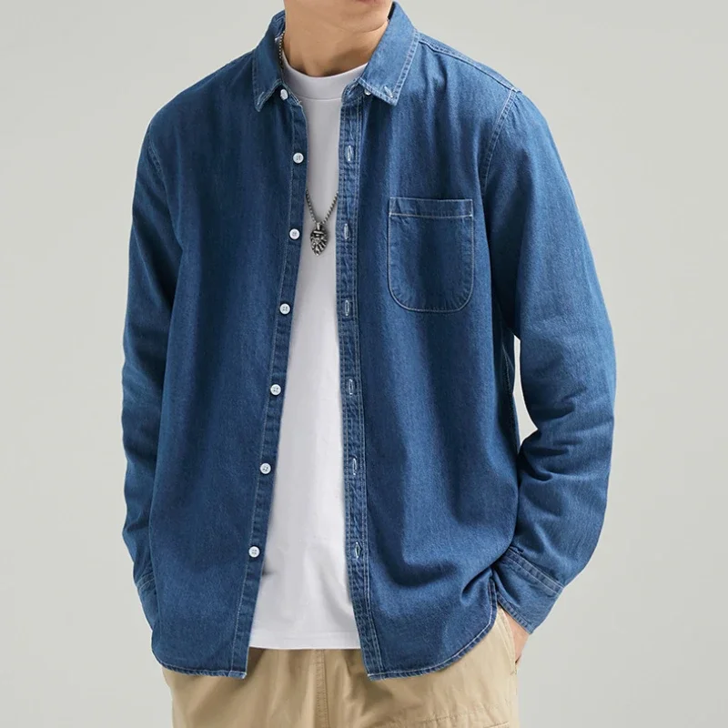 Four Seasons Men Long Sleeve Denim Shirt Cotton Jacket No Ironing Casual Social Comfortable Breathable 3 Colors