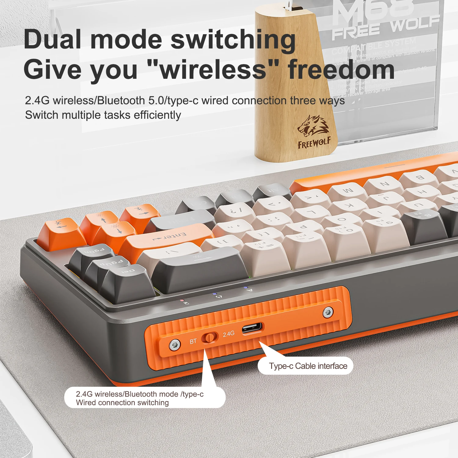 FREEWOLF M68 미니 무선 키보드 및 마우스 세트, 무음, 트라이 모드 Bluetooth, PBT, 백라이트, 업무용 키보드 및 마우스 콤보
