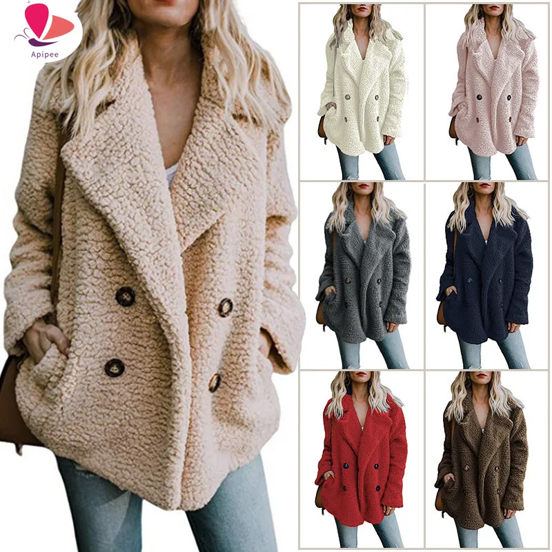 

Womens Fleece Open Front Coat with Pockets Outerwear Lamb Wool Autumn Winter Coat Jacket Fleece Shaggy Warm Cropped Jackets