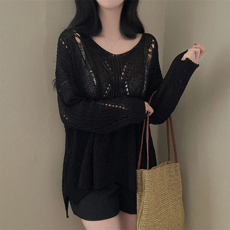 Summer and Autumn Women's New Knitted Hollow Long Sleeve Sweater Fashion Crew Neck Solid Color Elegant Pullover