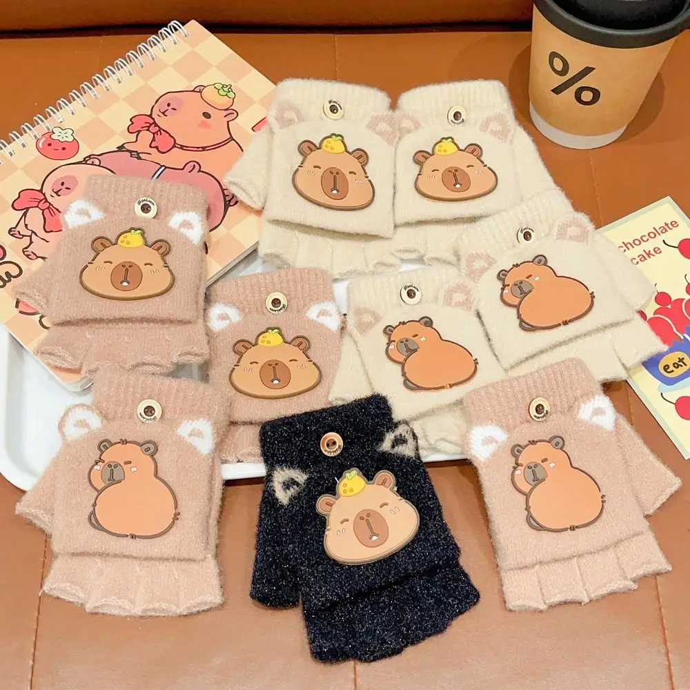 New 6-10 Years Old Half Finger Gloves Cute Capybara Thickened Kids Knitted Mitten Cold-Proof Elastic Writing Gloves Outdoor