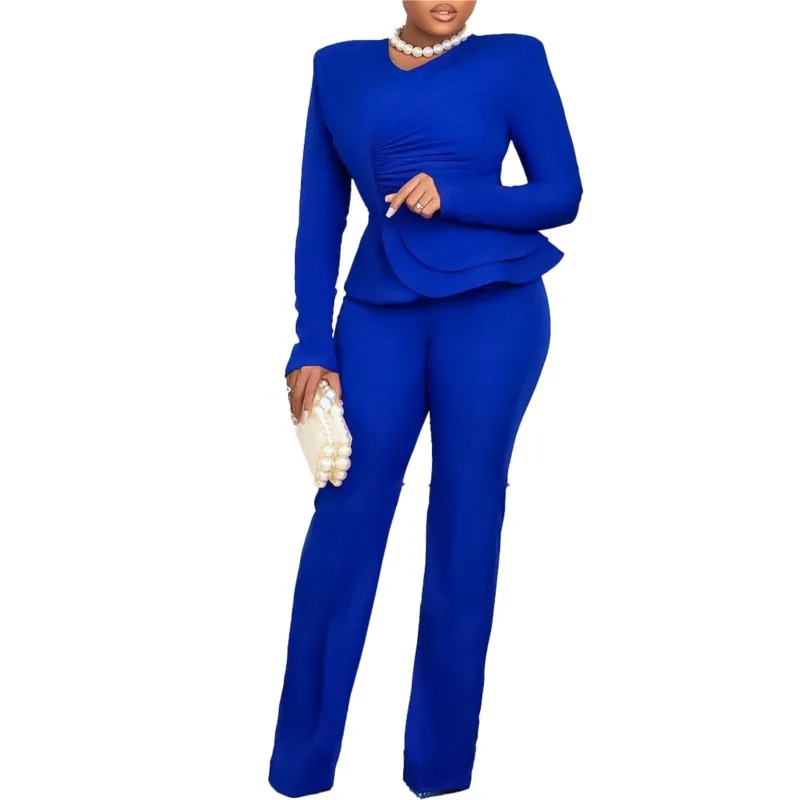 

2 Piece Women Sets 2024 Autumn Winter New Fashion OL Ruffled V-Neck Long Sleeve Top Pants Matching Set Office Lady Suit Outfits