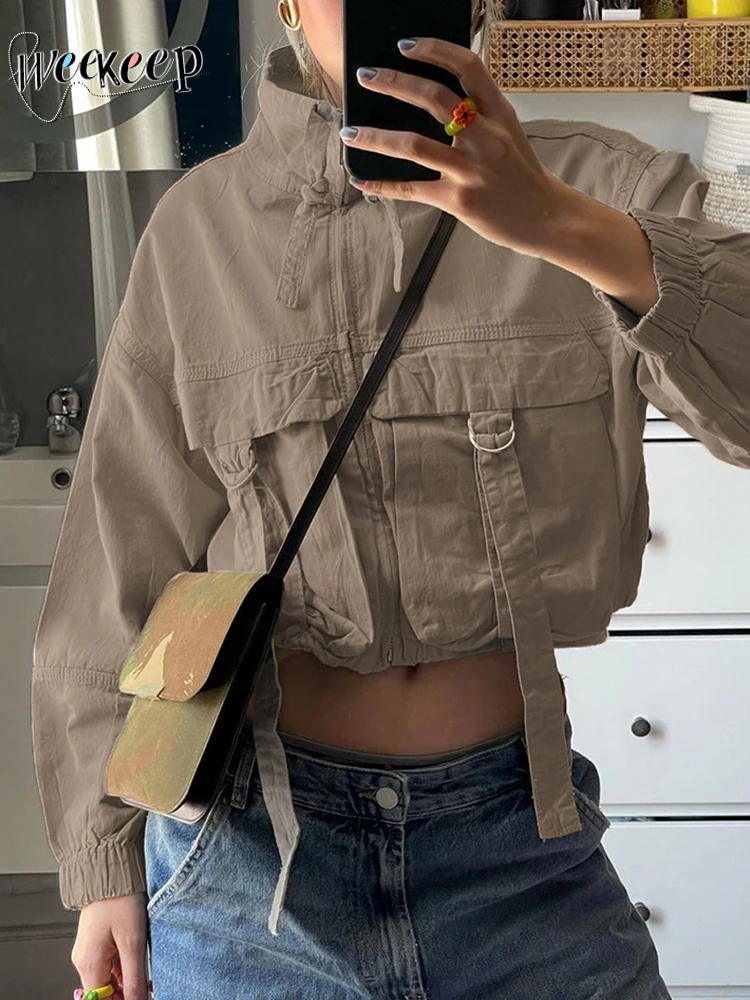 

Weekeep/укороченная куртка-карго цвета хаки с карманами и длинными рукавами в стиле пэчворк, на молнии, свободная уличная одежда, осень 2023, модная женская одежда