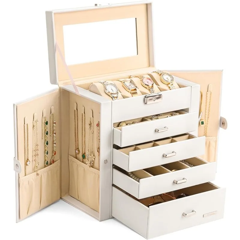 

Homde Synthetic Leather Huge Jewelry Box Mirrored Watch Organizer Necklace Ring Earring Storage Lockable Gift Case (White)