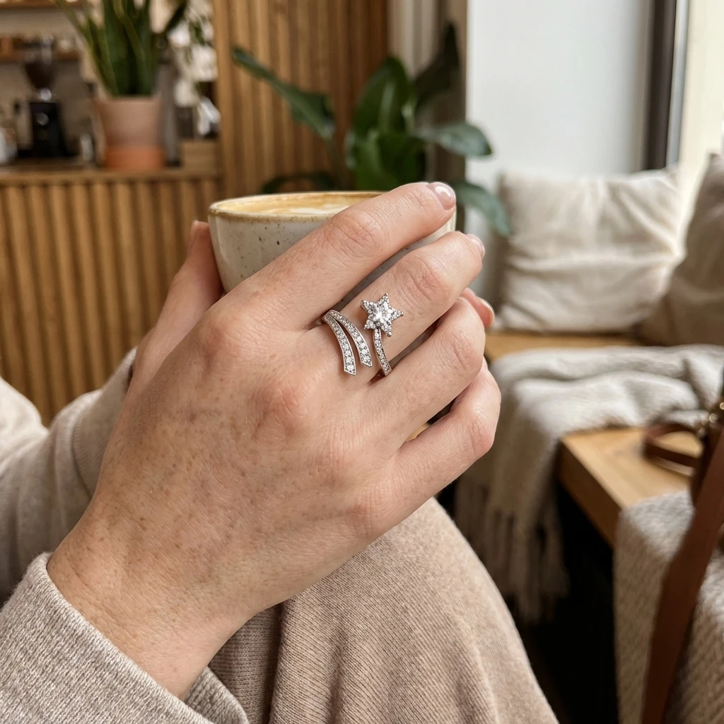 Eleganter Sternschnuppen-Offener Ring für Frauen Brillanter Himmlischer Verstellbarer Ring Romantischer Glücksstern-Schmuck Geschenk – Detail 2