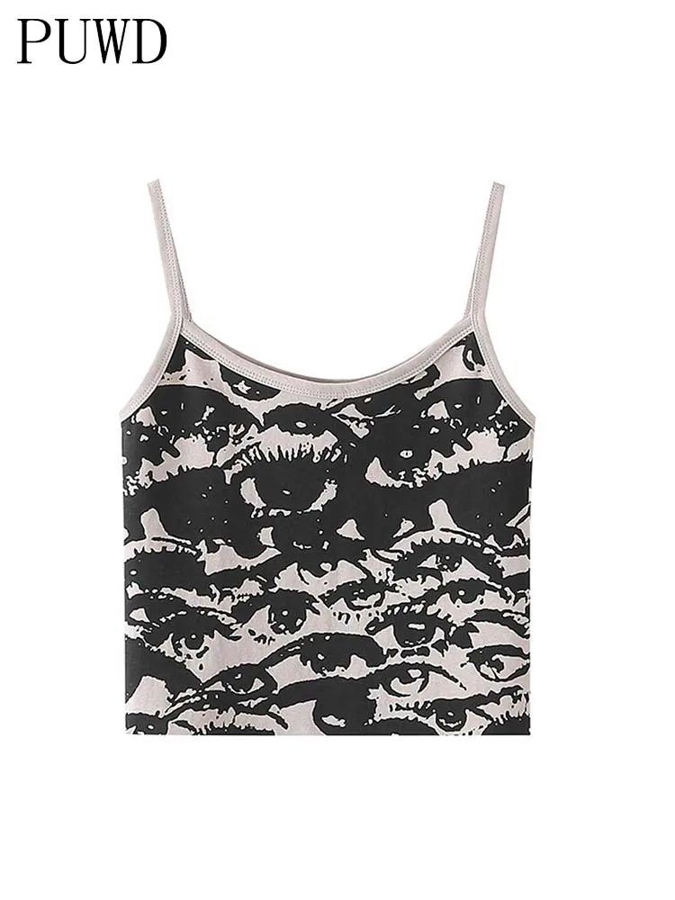 

PUWD Casual Women Black Cartoon Print Soft Cotton Tank 2022 Summer Fashion Ladies Slim Short Tops Female Chic Crop Top
